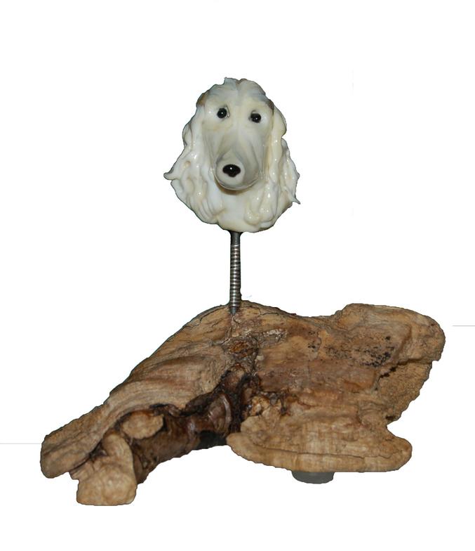 Custom dog sculpture on driftwood stand